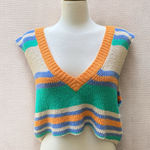 Free People Beach Marsha Striped Sweater Vest Sz XL Cropped Green Coastal Boho Photo 0