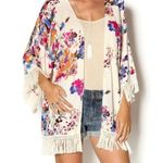 Umgee Shirt Womens Small White Floral Fringe Hem Kimono Layer Boho Cardigan Photo 7