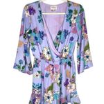Everly  Floral Pleated 3/4 Sleeve V-Neck Ruffle Romper Medium Purple Lightweight Photo 1