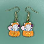 Cute Halloween Cat in a Pumpkin Full of Candy Earrings Orange Photo 0