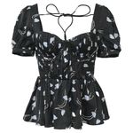 Self Portrait Gathered Puff Sleeve Geometric Print Silky Top Size 2 Blue Photo 0