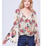 Yumi Kim Peony Wanderlust White Floral Long Bell Sleeve Tie Neck Top Size Small Photo 0