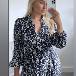 ZARA  Emilie Vicose Printed Damask Belted Midi Maxi Dress Blue Cream Medium M Photo 2