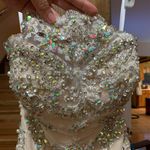 Beaded Lace Bodycon Strapless Dress with Train Tan Size 0 Photo 4