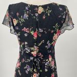 Vintage 90s Floral Print Midi Dress Crepe Empire Tie Waist V Neck Black Pink M Size M Photo 8