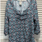 Faded Glory  Teal/Peach Paisley 3/4 Sleeve Pleated‎ Front Blouse Size XXL Crochet Photo 0