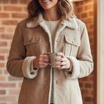 Vintage Y2K Sherpa Suede‎ Coat Tan Barn Ranch Western Womens Large Photo 0