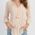Lucky Brand  Peachy Pink Lace Trim Tassel Tie Boho Peasant Blouse Top S Photo 0