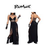 Romwe 🆕 Black Contrast Mesh Lace Up Front Split Thigh Cami Dress L🆕 Photo 1