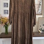 Neutral Animal Print Midi Dress Modest Leopard Collared Tiered Boho Flowy Large Brown Photo 1