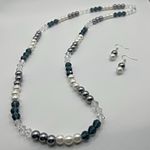Beaded Necklace Earrings Set Glass Pearls Statement Gift Formal Elegant Wedding Blue Photo 2