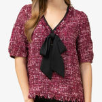 Entro  Pink Burgundy Tweed Black Bow Blouse Size L Photo 0