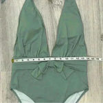 We Wore What  Sage Green Brooklyn Halter One Piece Swimsuit Plunge Bow Size L Photo 5