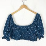 For Love & Lemons Lola Pointelle Crop Top XL Blue Floral Puff Sleeve Cottagecore Photo 11