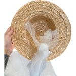 Vintage Womens Floral Straw Hat White Wide Brim Tulle Netting Romantic‎ Wedding Tan Photo 2