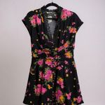 Free People Black Floral Lace Trim V Neck Button Front Mini Dress Size 0 Photo 0