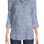 Chico's  No Iron Linen Blue Diamond Button-Up Tunic Size XL 16/18 Roll Tab Photo 0