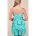 Lulus NWOT XXS Sleek Dedication Aqua Blue Satin Plisse Cutout Tiered Mini Dress Photo 2