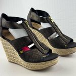 Steve Madden SM New York Black Denim & Gold Wedge Sandal Raffia Women’s Size 9.5 Photo 4