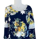 Navy Blue and Yellow Flowered Lace Arm Rounded Neckline Dress Sz 6 Photo 2