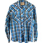 Wrangler  Western Snap‎ Shirt Plaid Long Sleeve Cowboy Blue White Silver Treaded Photo 0