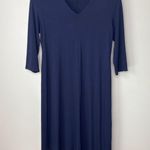 Eileen Fisher  Petite Medium Navy Jersey Dress V Neck 3/4 Sleeve Asymmetrical Hem Photo 1