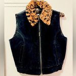 Vintage In Sport Suede Vest with Leopard Print Fuzzy Collar Zip Down Size Small Black Photo 0