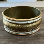 Vintage Mother of Pearl & Brass Bangle Bracelet Gold Photo 1