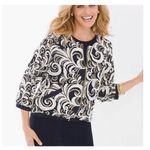 Chico's ‎ traveler collection scrolls bomber jacket- Navy blue/White/Gold SZ 2 Photo 0