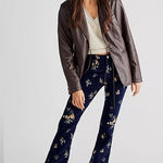 Free People NWT Driftwood Wyatt Velvet Flare Pants Navy Size 28x34 Floral Embroidery Photo 0