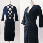 vintage • 1980s black suede leather dress sheath plunge neck criss cross open Photo 8