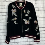 Elevenses  Embroidered Bomber Jacket Women’s L Black Floral Satin Zip Up Boho Photo 0