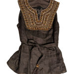 Lafayette 148 Beaded linen sleeveless‎ top 4 brown boho tie belted Photo 0