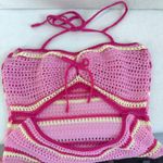 Pink Crochet Halter Mini Dress Open Back Striped Knit Festival Boho Y2K s/m Size M Photo 5