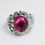 Source Unknown Glam Dark Pink Oval Cut Glass Stone Silver Tone Unique Band Size 7 1/2 Ring Photo 1