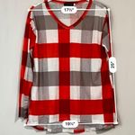 Suvimuga Women’s Long Sleeve V Neck Plaid Print Tee Shirt Red Grey & White NWOT Photo 7