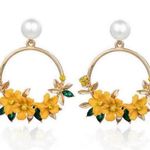 Women's Pearl Crystal Flower Dangle Drop Hoop Earrings Gold Photo 1