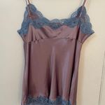 Gold Hawk , Lavender 100% Silk w/ blue lace trim Cami, size L Photo 4