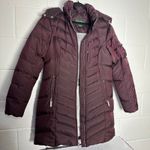 Eddie Bauer Womens Burgundy goose Down Puffer Coat zip Hooded Winter Warm Size L Photo 0
