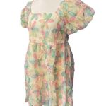 Umgee Balloon Sleeve Babydoll Pastel Flowers Sheer Lined Mini Dress Sz Large NWT Photo 2