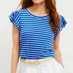 Loft  Blue Tiered Ruffle Sleeve White Striped Crew Neck T Shirt Photo 0
