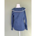 At Last Vtg Denim Shirt Big Lace Collar Cottagecore Cowgirl Granola Girl Lace Up Sz L M‍ Photo 6