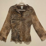 Fashion Bug  Animal Print Silk Sequin Collared Blouse Women’s XL Photo 0