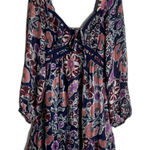 Very J Dress Womens Large Navy Purple Floral Boho Long Sleeve Lined Tie Front Photo 0