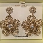 Pink Linen Bohemian Floral Studded Gold Tone Drop Earrings With Pearl Detail NEW Tan Photo 2