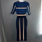 Ann Taylor Black Blue & Beige Belted Midi Short Sleeve Knit Dress Womens XL Photo 4
