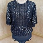 Free People  Bali Tate Mixed Media Crochet Floral Printed Bodysuit Blue Sz S Photo 3