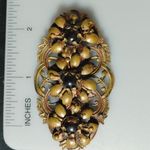 Antique Brooch Victorian Art Nouveau Gold Tone Floral Gilt Brass Dark Glass Photo 4