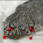 Gothic Bat Wing Vibrant Red Synthetic‎ Gemstone Drop Earrings Silver Plated Photo 4