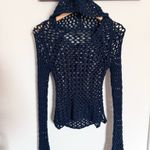 Abercrombie & Fitch Abercrombie Y2K Navy Blue Hooded Open Knit Crochet Bell Sleeve Sweater Size Small Photo 1